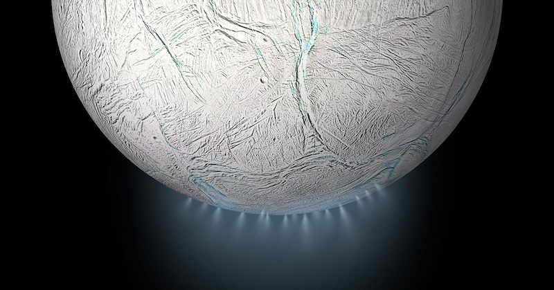 Planet-like body with many cracks on its surface and jets of vapor coming out of it at the bottom.