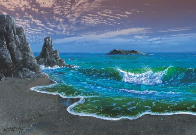 A shore with some rocky outcroppings, an purplish sky with white clouds and waves rolling onto the beach with an emerald green and teal color.