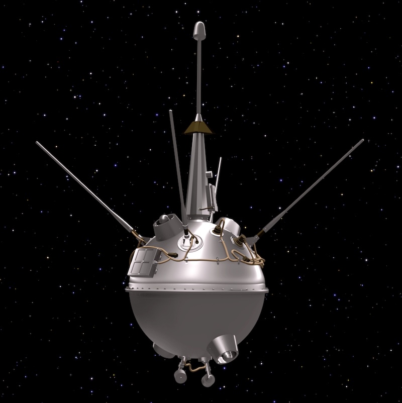 Luna 1: Spherical spacecraft with rivets around it and several stiff wire antennas sticking out.