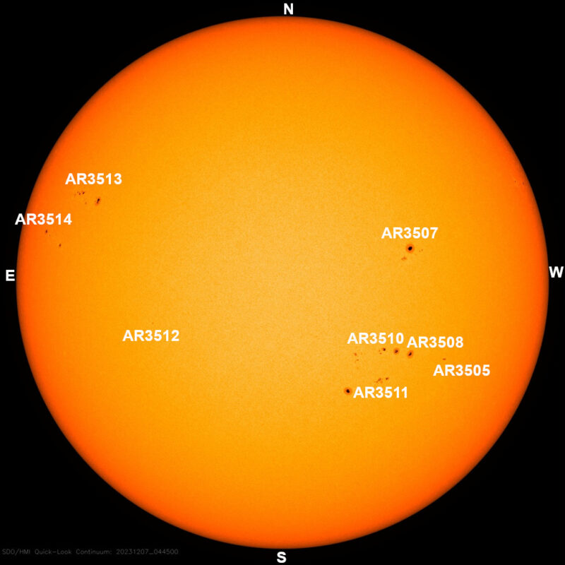 The sun, seen as a large yellow sphere with dark spots, each labeled.