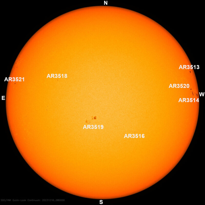 Sun news: The sun, seen as a large yellow sphere with dark spots, each labeled.