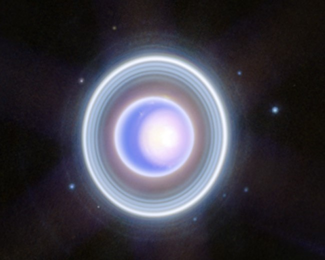 Uranus: A blue sphere with a bright highlight on it, surrounded by concentric white glowing rings.