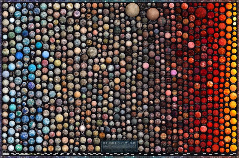 Exoplanet art: Hundreds of small multicolored circles, ranging from blue on one side of the poster to red and yellow on the other.