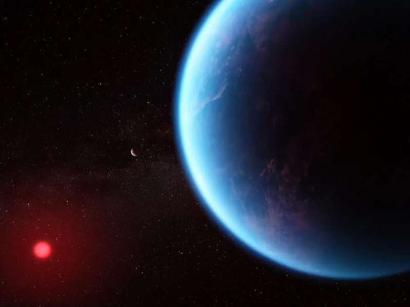 Blue-colored planet with water ocean and navy clouds in its atmosphere, with reddish star in background.