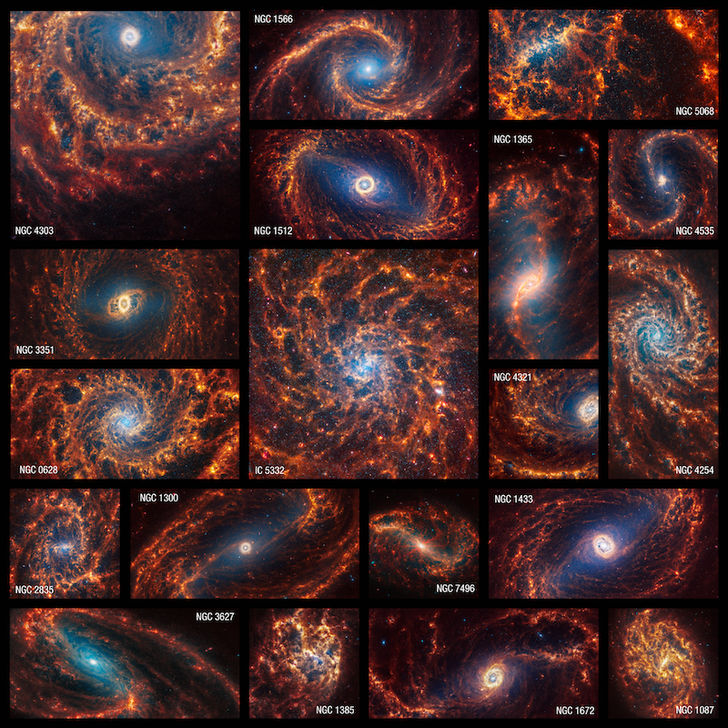 19 bright spiral shapes with glowing white centers and orange arms, in separate panels.