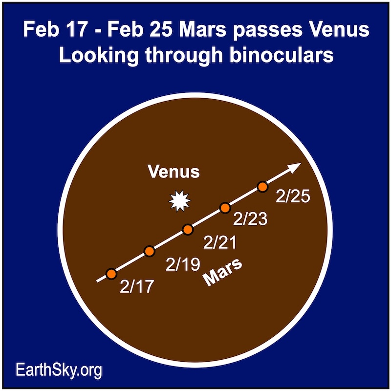 Red dot for Mars passing white starlike dot for Venus in binoculars.
