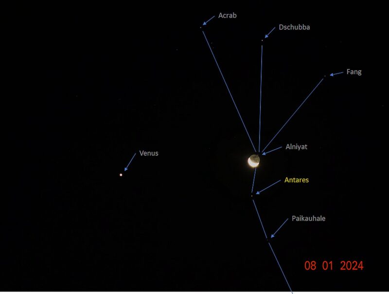Venus to the left of the crescent moon with the stars of Scorpius with lines drawn between them, all labeled.