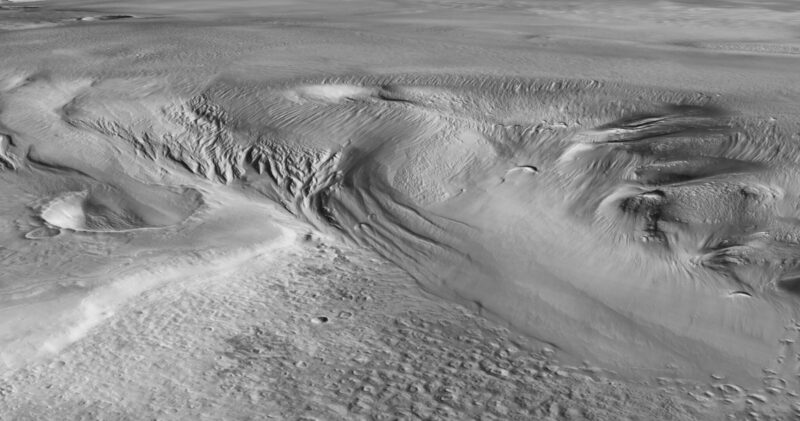 Black-and-white image of windswept Martian dunes.