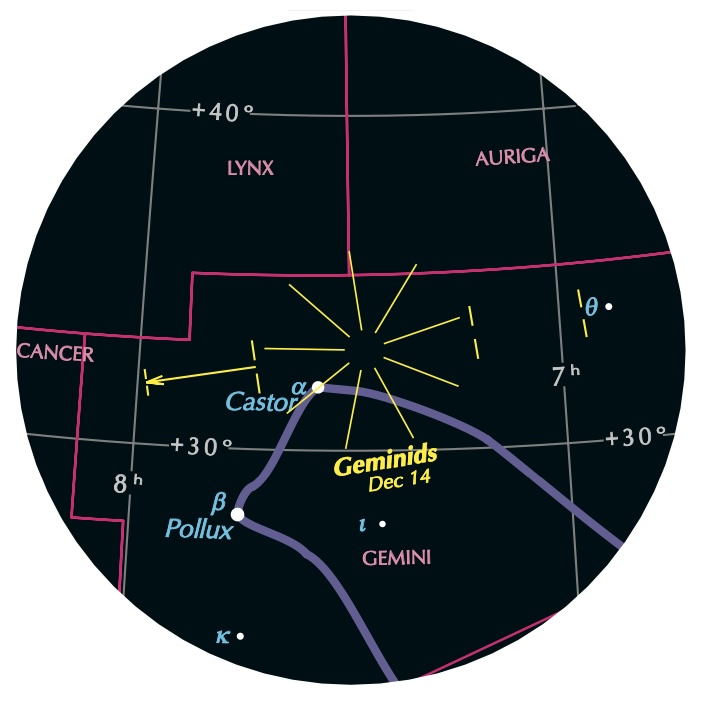Sky chart with bright yellow radial lines in the constellation Gemini near labeled star Castor.