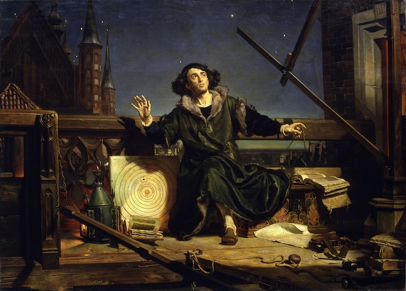 Copernicus: Long-haired man, looking excitedly upward into a starry sky, with a diagram of the solar system.
