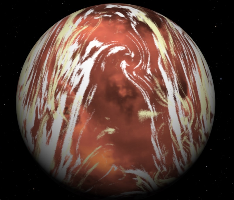Water world: Reddish planet with long streamers of white clouds partly obscuring the surface.