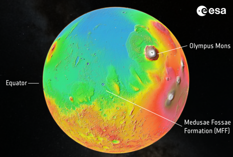 Buried water ice: Multicolored globe with Martian features annotated.
