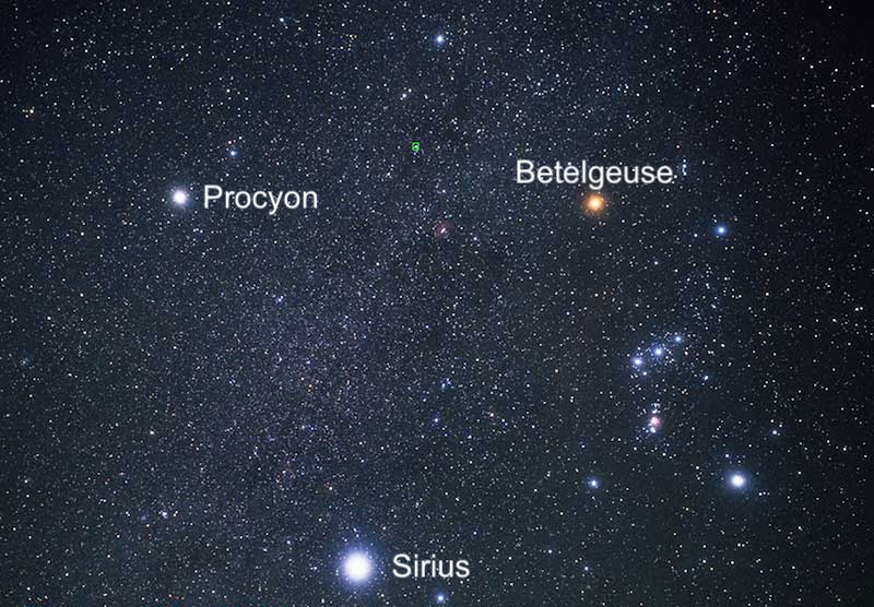 Orion in starry sky, with the bright stars Betelgeuse, Procyon and Sirius labeled.
