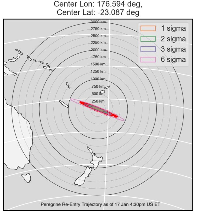 A map showing a bullseye north of New Zealand with a red streak for re-entry possibilities.