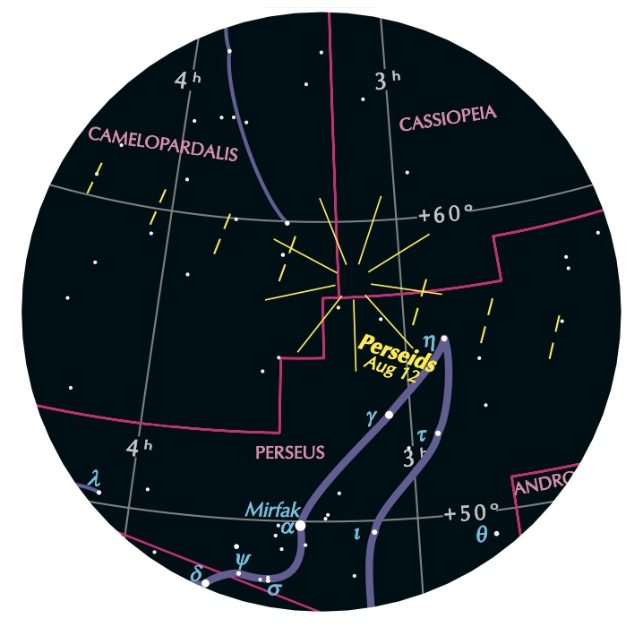 Sky chart with scattered stars and yellow radial lines near the constellation Perseus.