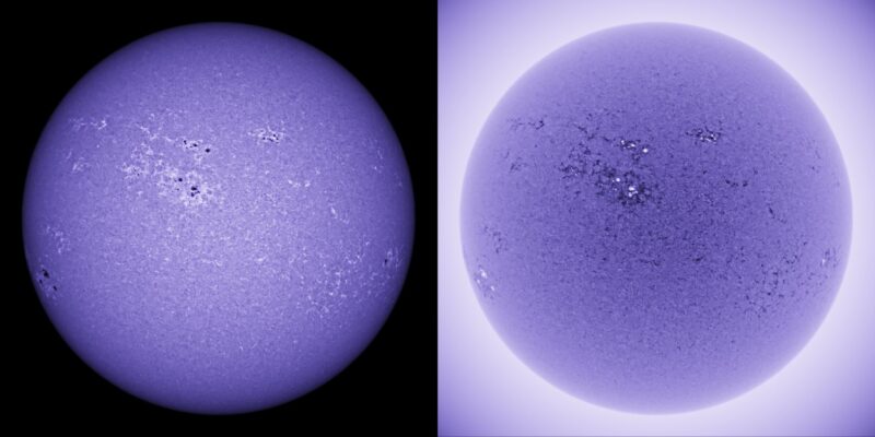 Two shots of the sun, seen as violet spheres with a heavily mottled surface.