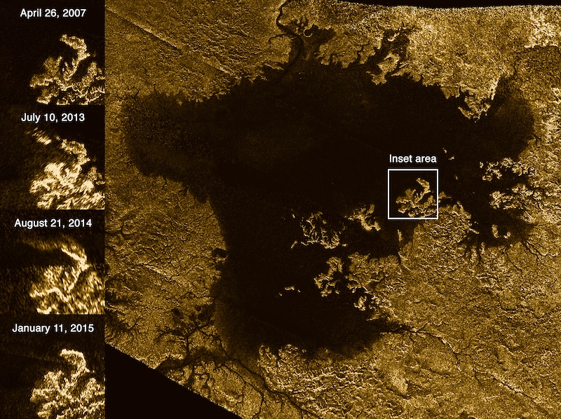 Dark sea with island area outlined, and insets showing differing shape of an island over time.