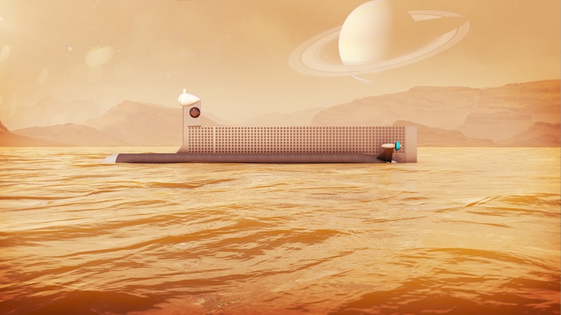 Long rectangular boat-like vessel on sea with ringed planet hanging in a smoggy sky.