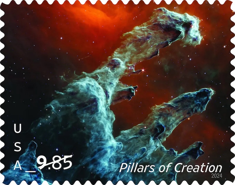 Stamps feature Webb images: Long large tendrils of cloud-like gas in space, with white text labels and zigzag outline around image.