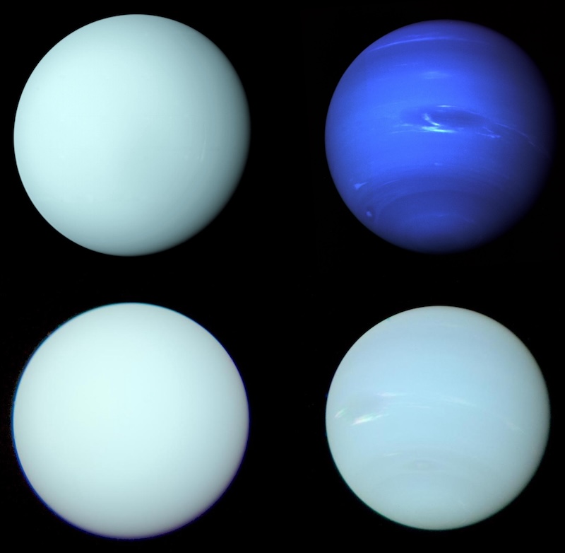 Uranus and Neptune: Black background with 3 light-colored greenish-blue spheres and 1 dark blue sphere with darker spots on it.