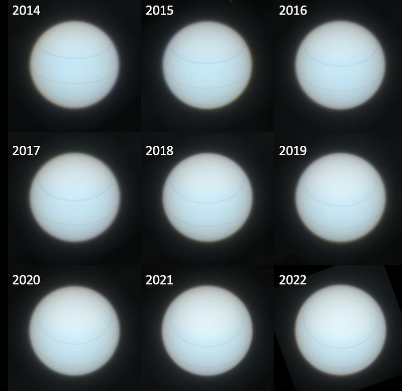 Array of 9 light blue spheres, each with a year number beside it.