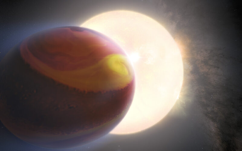 distant planet Tylos: Artist's drawing of a very bright sunlike star and a close, large planet with red colors plus a large yellow swoosh mark.