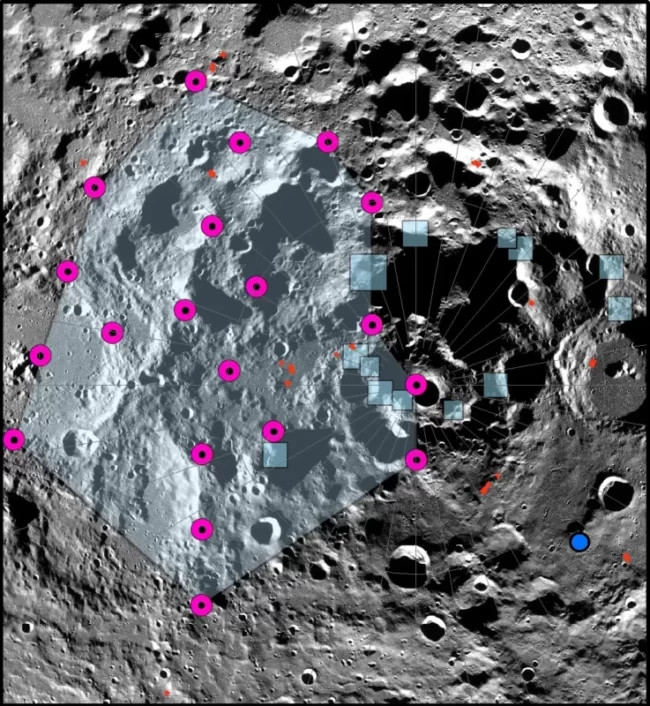 Crater with purple spots and some light blue areas.