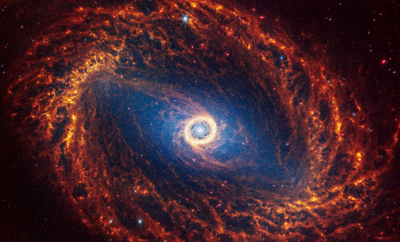 Bright white ring in center, with many orange spiral arms forming a big oval ring around it.