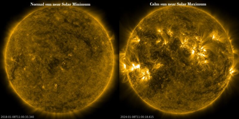 Two images of the sun, left side shows a more uniform look, right side shows lots of bright patches and streamers.