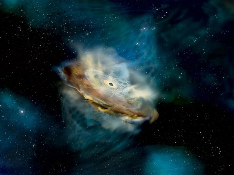 Small black sphere surrounded by billowing multi-colored clouds, with scattered stars in foreground.
