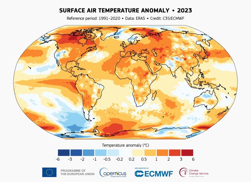 Hottest year on record: Map of the globe showing some blue around Antarctica, northern Australia, California into the Northern Rockies, part of India, with the rest shades of orange to red.
