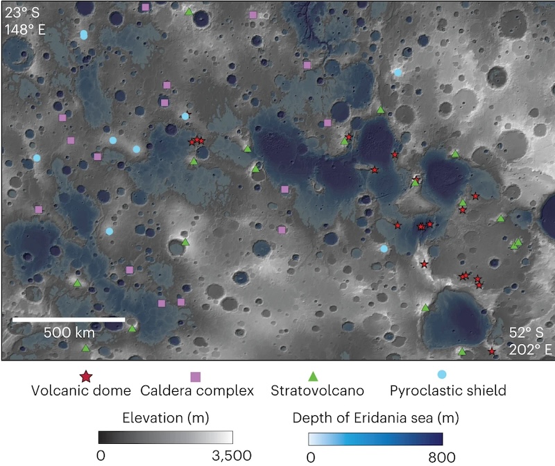 Mottled gray and blue terrain seen from above, with many craters with symbols and text labels added.
