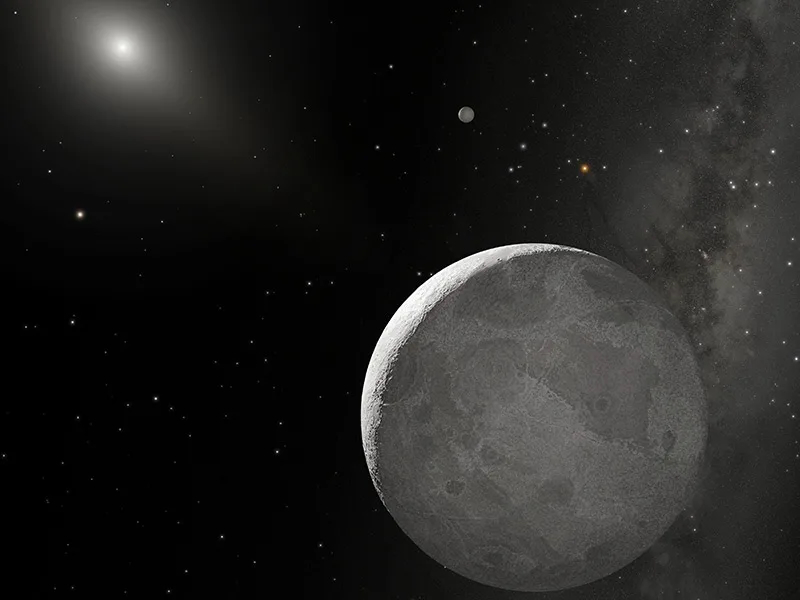 Eris and Makemake: Gray, cratered planet-like body with tiny moon and small far away sun in the distance.