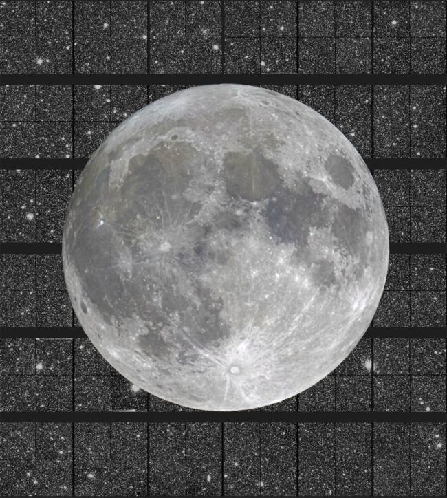 The full moon superimposed on background images of star field divided into squares.