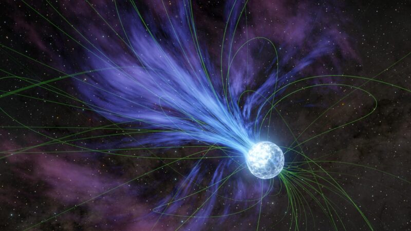 Fast radio bursts: A whitish round body with streamers emanating away from one area, shooting off in blue and purple hues.