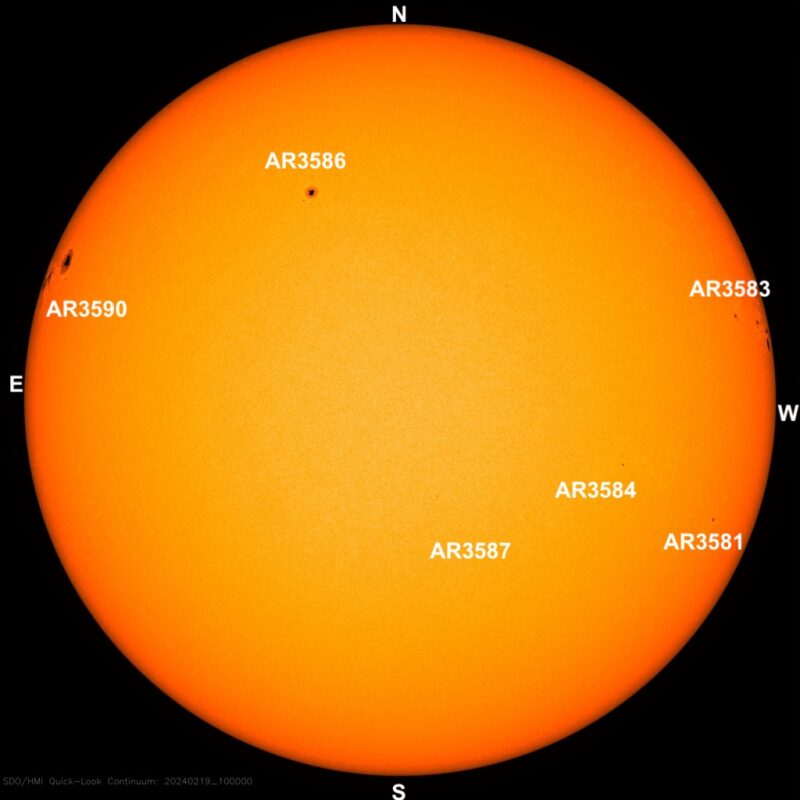 The sun, seen as a large yellow sphere with dark spots, each labeled.