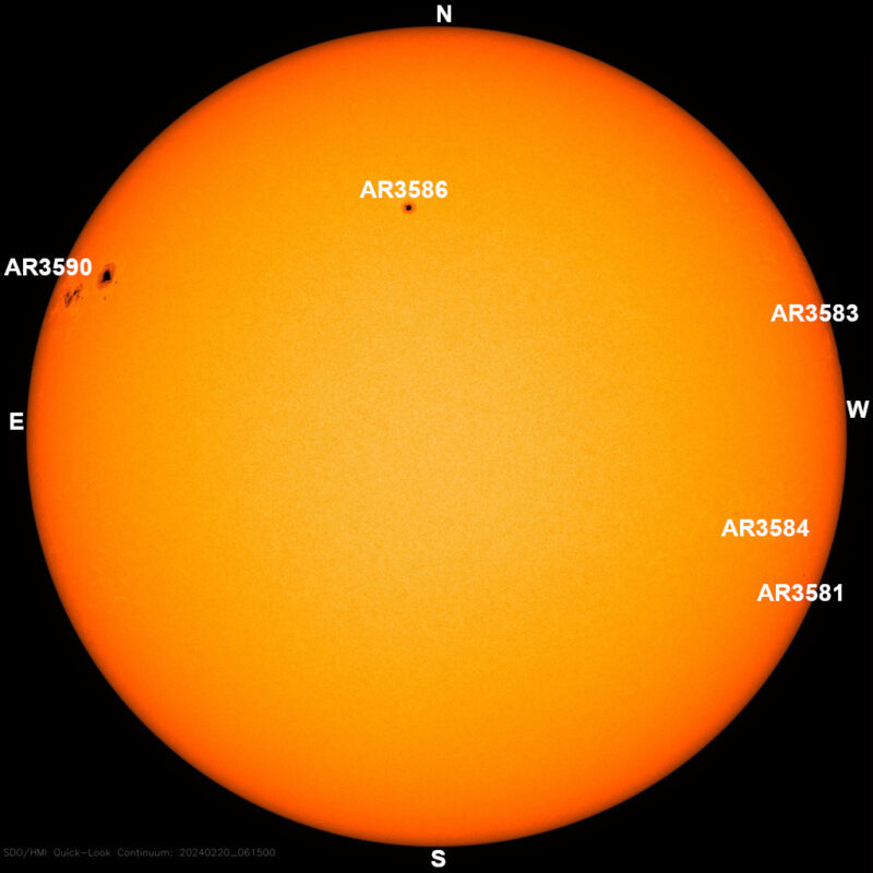 The sun, seen as a large yellow sphere with dark spots, each labeled.