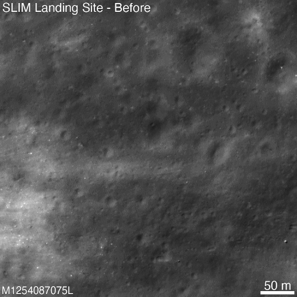 A portion of the moon, with a tiny dot, the lunar lander popping in and out of view.