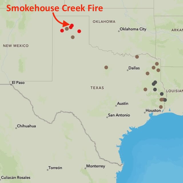 Map of Texas with Smokehouse Creek fire labeled at the north.