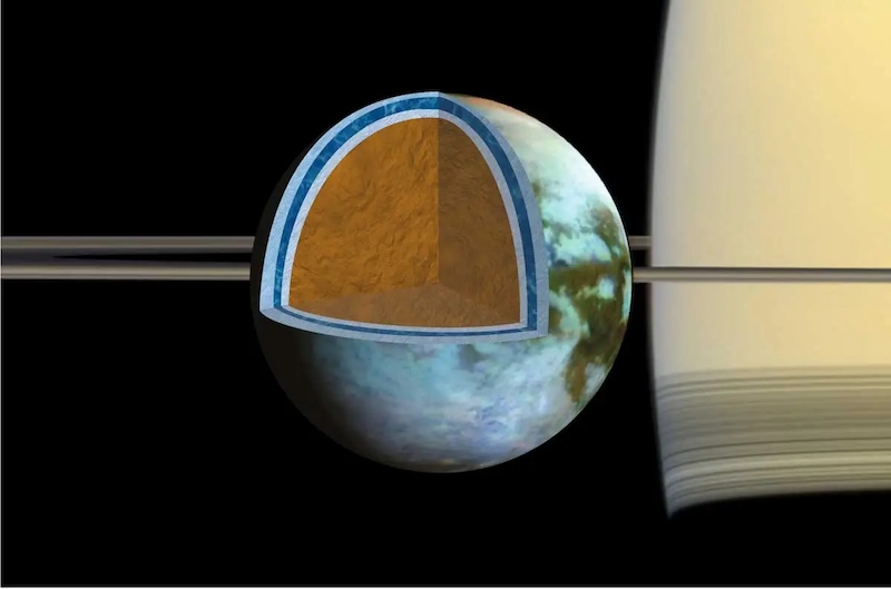 Moon-like sphere with cutaway view showing various layers inside it, and planet with edge-on rings in background.