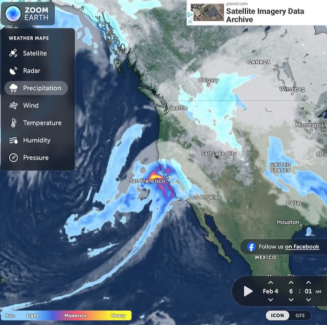 Map showing precipitation across U.S. west and Pacific.