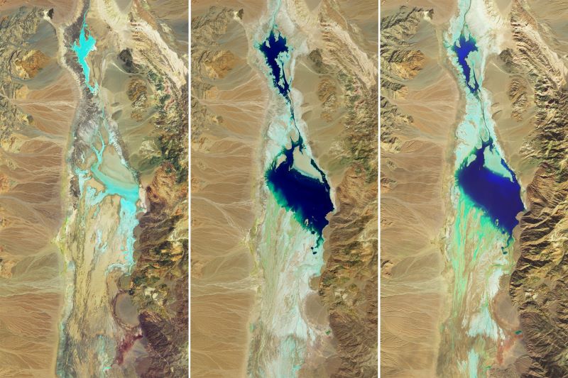 Three Death Valley images of a lake from satellite, showing very little light blue, to a darker and larger blue and a similar sized brighter blue.