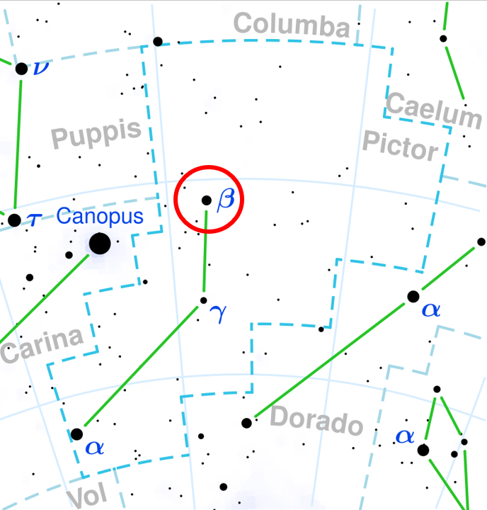 Un contorno con puntos negros para las estrellas y líneas verdes para formar las constelaciones.  Canopus es el punto más grande, ubicado en el lado izquierdo de Beta Pictoris.