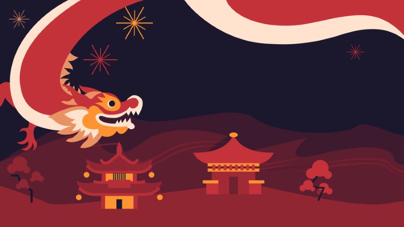 2024 Lunar New Year: Red cartoon showing a dragon flying through the night sky over pagodas.