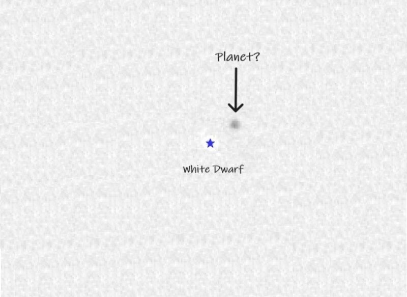 Image shows mostly white page with a white dwarf star, labelled by a star symbol, very close to a possible planet, visible as a shadowy dot.