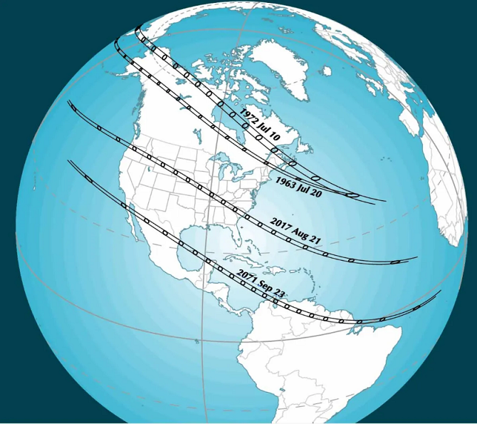 View of America with 4 lines crossing North America. The last line also crosses the north of South America.