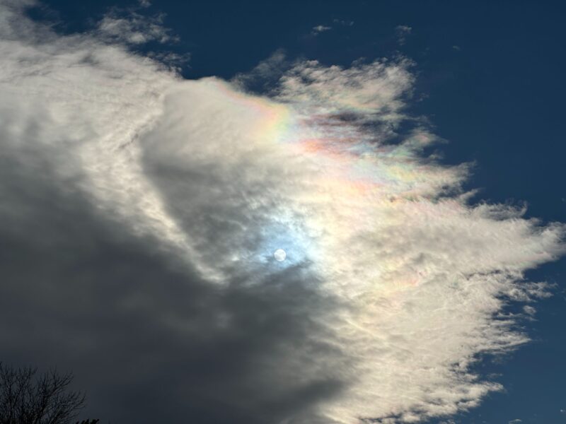 White little circle in the middle of the image. Light clouds around, and then denser clouds on the outer edge. The clouds at the top show colors.