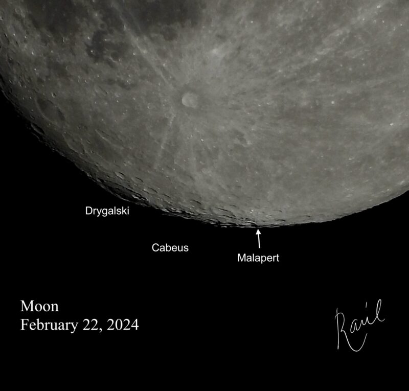 Section of the moon - southern hemisphere - with Malpert crater labeled. There are labels for Drygalski and Cabeus.