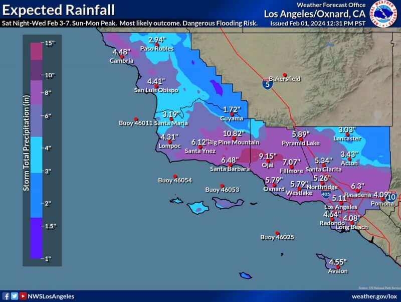 Fiume atmosferico: mappa della California meridionale che mostra le potenziali quantità di precipitazioni in blu e viola con etichette che indicano le quantità di precipitazioni.