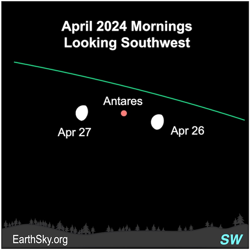 White dots for the moon on two days with a red dot for Antares.